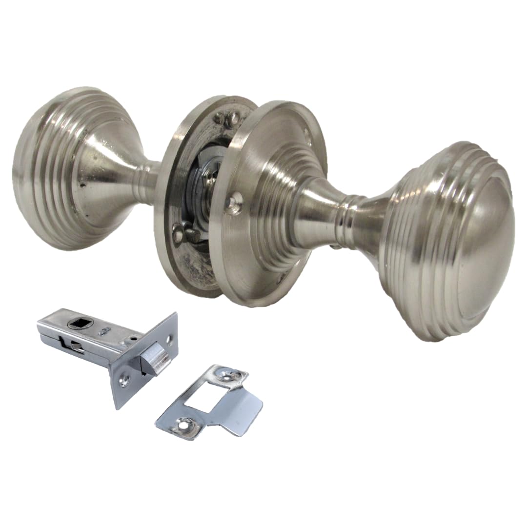 Queen Anne Reeded Mortice Door Knobs, Interior Door Knobs for Home, Round Internal Door Knob with Tubular Latch - Durable Satin Door Knobs (1 Pair of KNOBS + Tubular Latch)