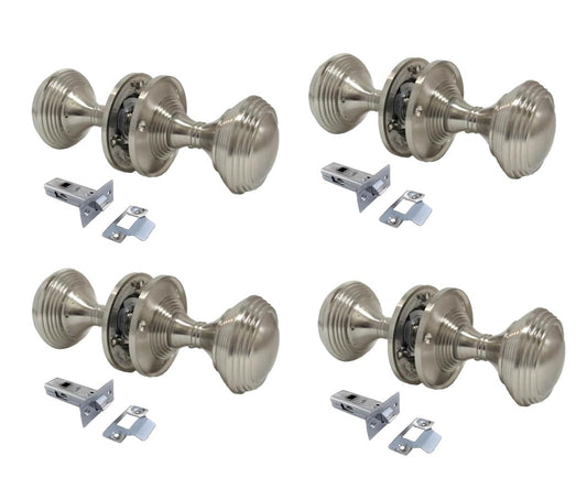 Queen Anne Reeded Mortice Door Knobs, Interior Door Knobs for Home, Round Internal Door Knob with Tubular Latch - Durable Satin Door Knobs (4 Pairs of KNOBS + Tubular Latch)