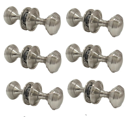 Queen Anne Reeded Mortice Door Knobs, Interior Door Knobs for Home, Round Internal Door Knob with Tubular Latch - Durable Satin Door Knobs (6 Pair of KNOBS)