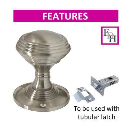 Queen Anne Reeded Mortice Door Knobs, Interior Door Knobs for Home, Round Internal Door Knob with Tubular Latch - Durable Satin Door Knobs (4 Pairs of KNOBS + Tubular Latch)