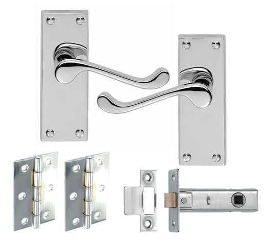 1 Set Of Victorian Scroll Latch Door Handles Polished Chrome Hinges & Latches Pack Sets