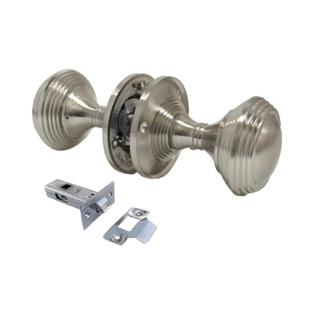 Queen Anne Reeded Mortice Door Knobs, Interior Door Knobs for Home, Round Internal Door Knob with Tubular Latch - Durable Satin Door Knobs (4 Pair of KNOBS + Tubular Latch)