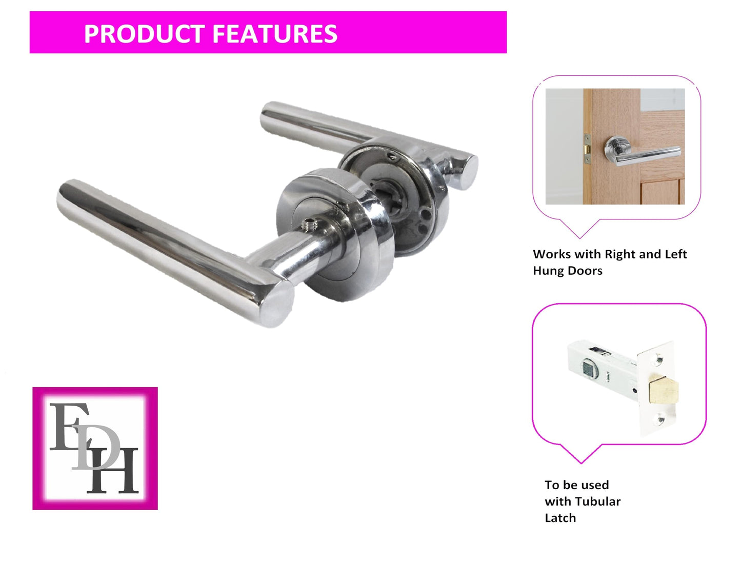 Straight T-Bar Internal Door Handle Set – Polished Chrome Finish with Tubular Latch, Modern Lever Handles for Home & Office Interior Doors .6 Pairs (6 Pair of Handles)