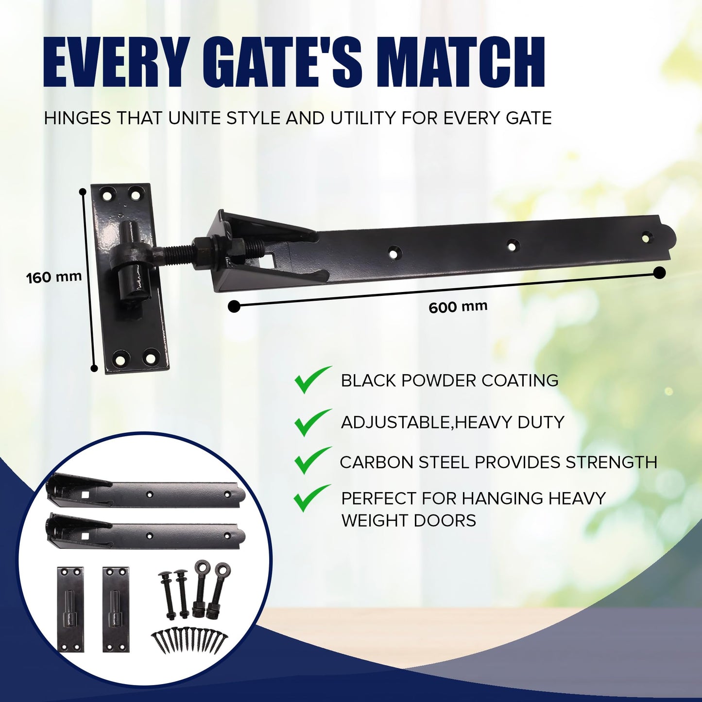 Wyre Direct Adjustable Gate Hinges Pair 600mm 24" Black Heavy Duty Hook and Band Stable