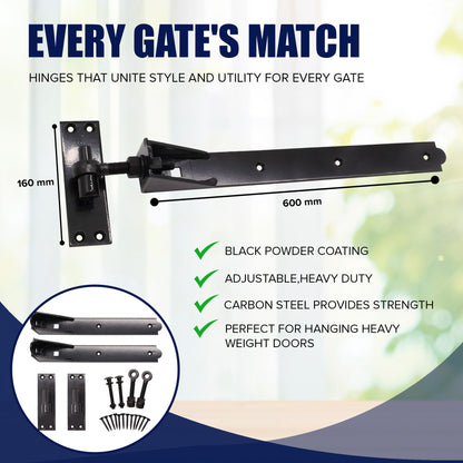 Wyre Direct Adjustable Gate Hinges Pair 600mm 24" Black Heavy Duty Hook and Band Stable