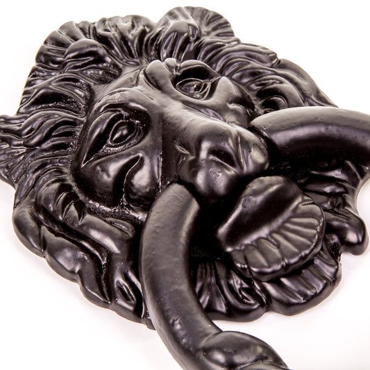 Large Black Antique Lion Front Door Knocker - Fancy & Ornate Iron Head