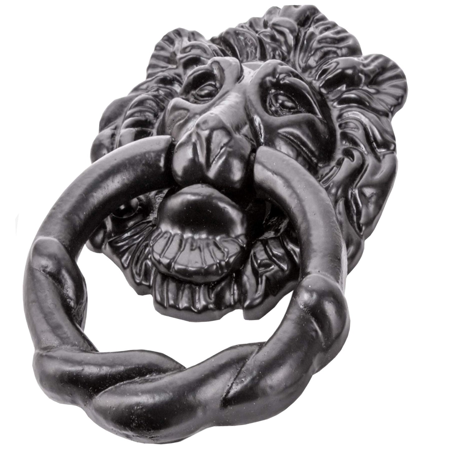 Large Black Antique Lion Front Door Knocker - Fancy & Ornate Iron Head