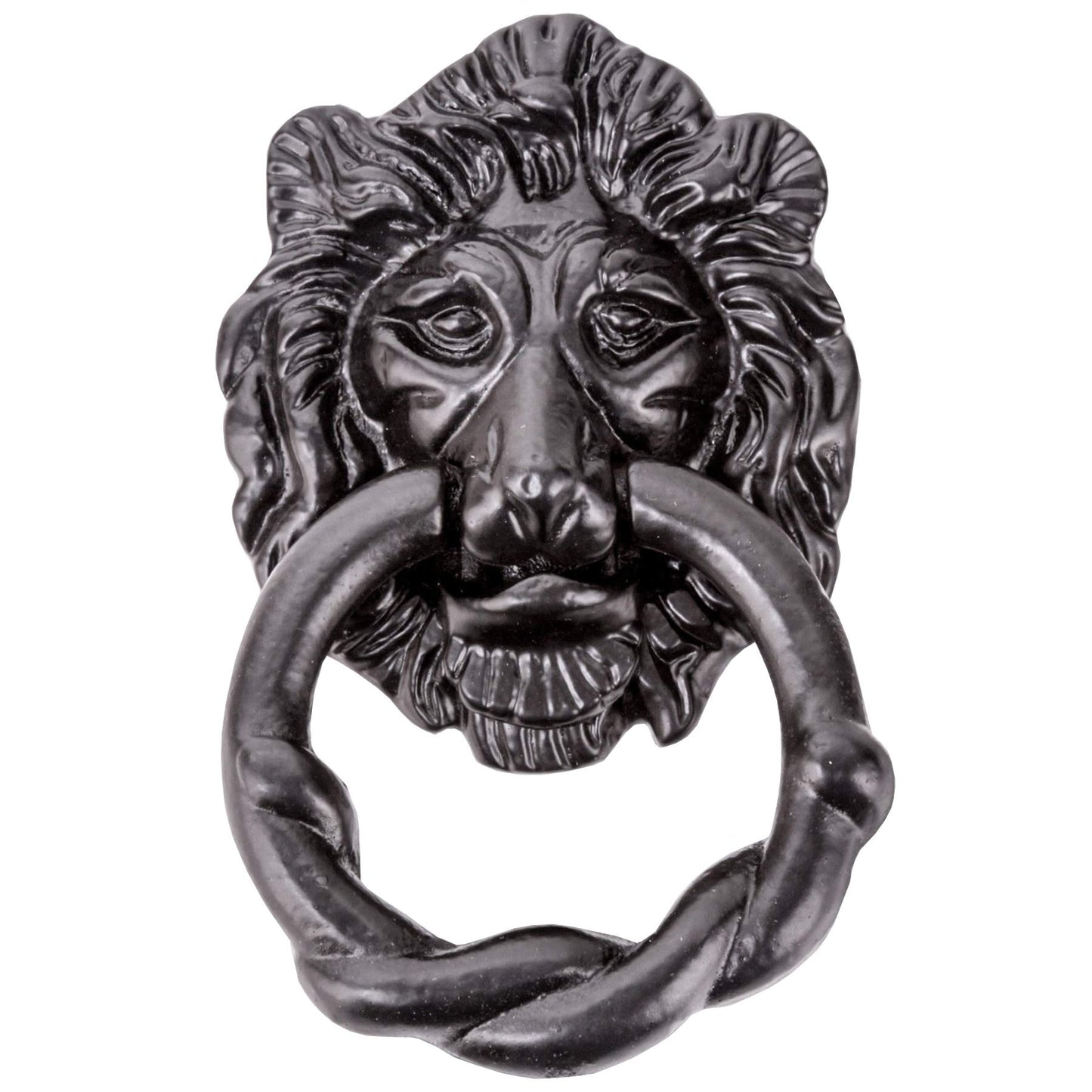 Large Black Antique Lion Front Door Knocker - Fancy & Ornate Iron Head