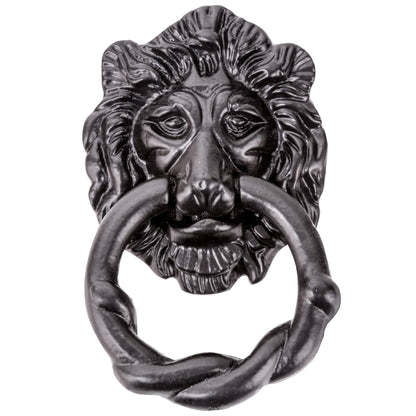 Large Black Antique Lion Front Door Knocker - Fancy & Ornate Iron Head
