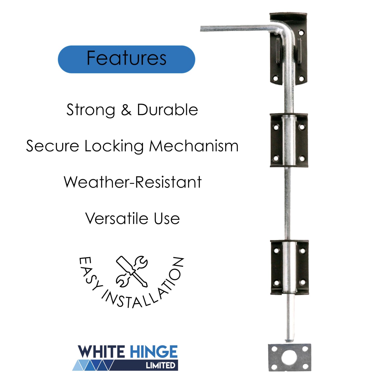 2X Large Garden Gate/Garage Door Drop Bolts - Floor/Ground/Stable Lock Catch