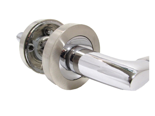 Epsom Door Handle Internal Chrome & Satin Duo Door Handles with Lock and Key - Bathroom Door Handles with Lock, Door Sets 4 Pairs, Lever on Rose Door Handle with Tubular Latch Diameter Approx 52mm