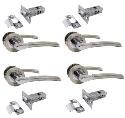 Epsom Door Handle Internal Chrome & Satin Duo Door Handles with Lock and Key - Bathroom Door Handles with Lock, Door Sets 4 Pairs, Lever on Rose Door Handle with Tubular Latch Diameter Approx 52mm