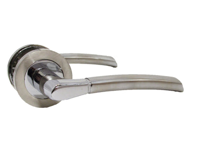 Epsom Door Handle Internal Chrome & Satin Duo Door Handles with Lock and Key - Bathroom Door Handles with Lock, Door Sets 6 Pairs, Lever on Rose Door Handle with Tubular Latch Diameter Approx 52mm