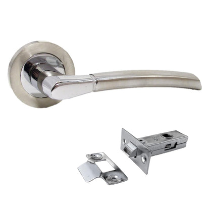 Epsom Door Handle Internal Chrome & Satin Duo Door Handles with Lock and Key - Bathroom Door Handles with Lock, Door Sets 1 Pairs, Lever on Rose Door Handle with Tubular Latch Diameter Approx 52mm