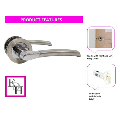 Epsom Door Handle Internal Chrome & Satin Duo Door Handles with Lock and Key - Bathroom Door Handles with Lock, Door Sets 6 Pairs, Lever on Rose Door Handle with Tubular Latch Diameter Approx 52mm