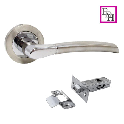 Epsom Door Handle Internal Chrome & Satin Duo Door Handles with Lock and Key - Bathroom Door Handles with Lock, Door Sets 4 Pairs, Lever on Rose Door Handle with Tubular Latch Diameter Approx 52mm