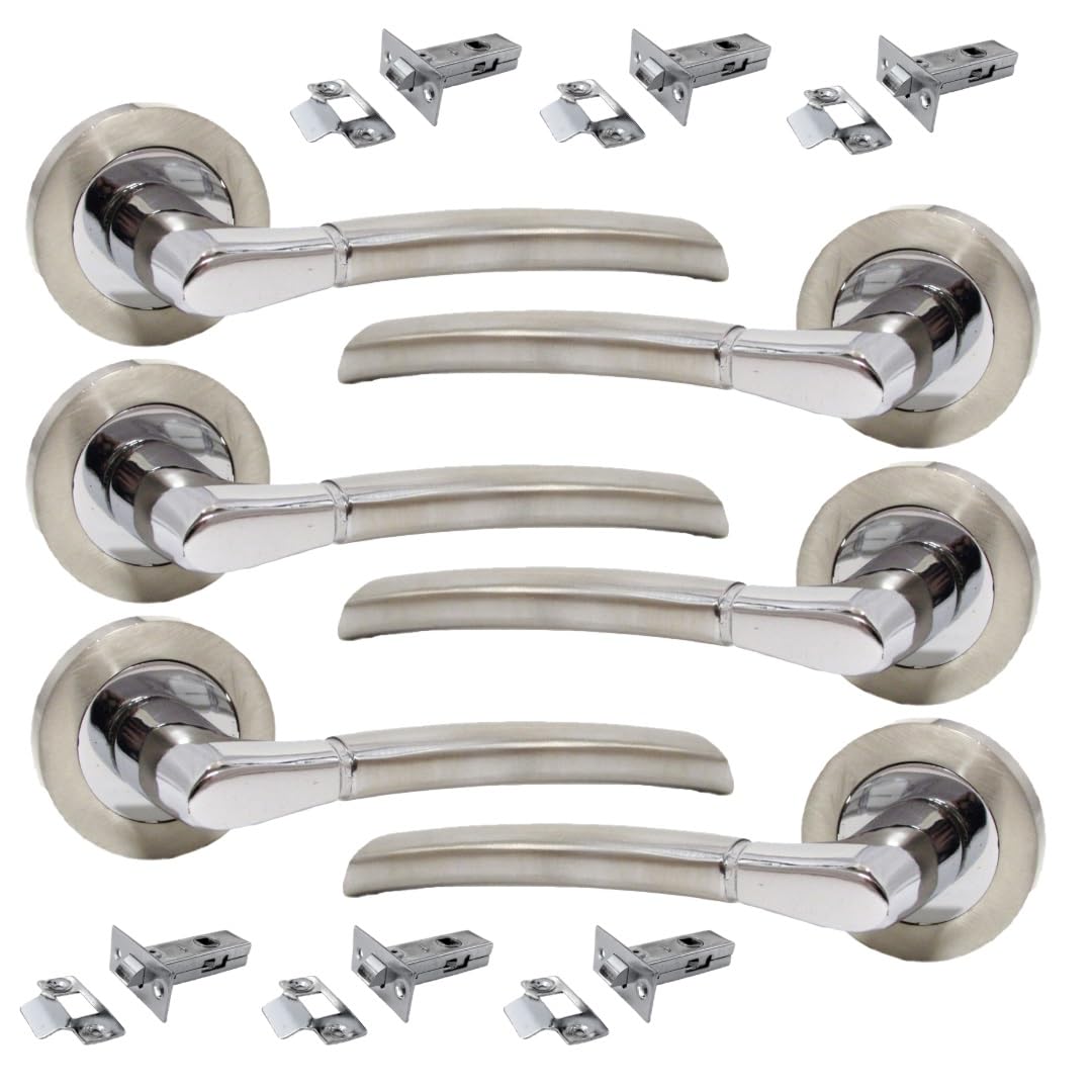 Epsom Door Handle Internal Chrome & Satin Duo Door Handles with Lock and Key - Bathroom Door Handles with Lock, Door Sets 6 Pairs, Lever on Rose Door Handle with Tubular Latch Diameter Approx 52mm