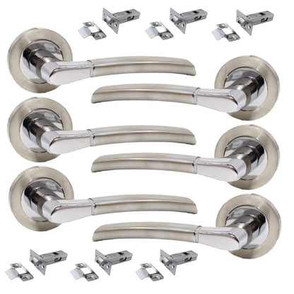 Epsom Door Handle Internal Chrome & Satin Duo Door Handles with Lock and Key - Bathroom Door Handles with Lock, Door Sets 6 Pairs, Lever on Rose Door Handle with Tubular Latch Diameter Approx 52mm