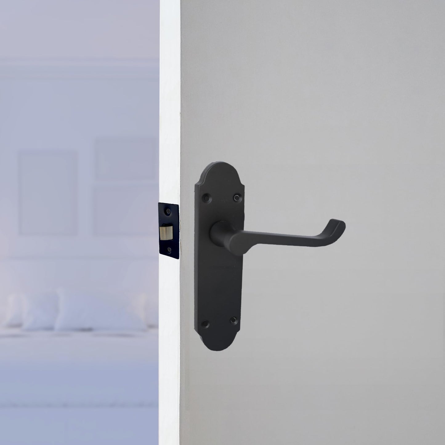 Matt Black Bathroom Door Handles with Lock & 63mm Tubular Latch