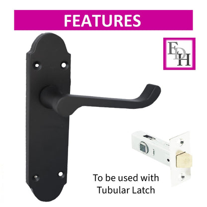 Matt Black Bathroom Door Handles with Lock & 63mm Tubular Latch