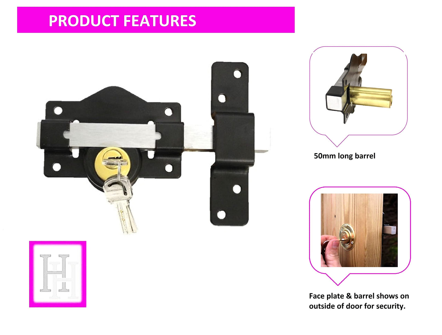 Haven Heritage ® 50mm Long Throw Gate Lock Double Locking Locking from Both Sides, gate Locks for Wooden Gates 5 Keys Stainless Steel