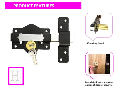 Haven Heritage ® 50mm Long Throw Gate Lock Double Locking Locking from Both Sides, gate Locks for Wooden Gates 5 Keys Stainless Steel