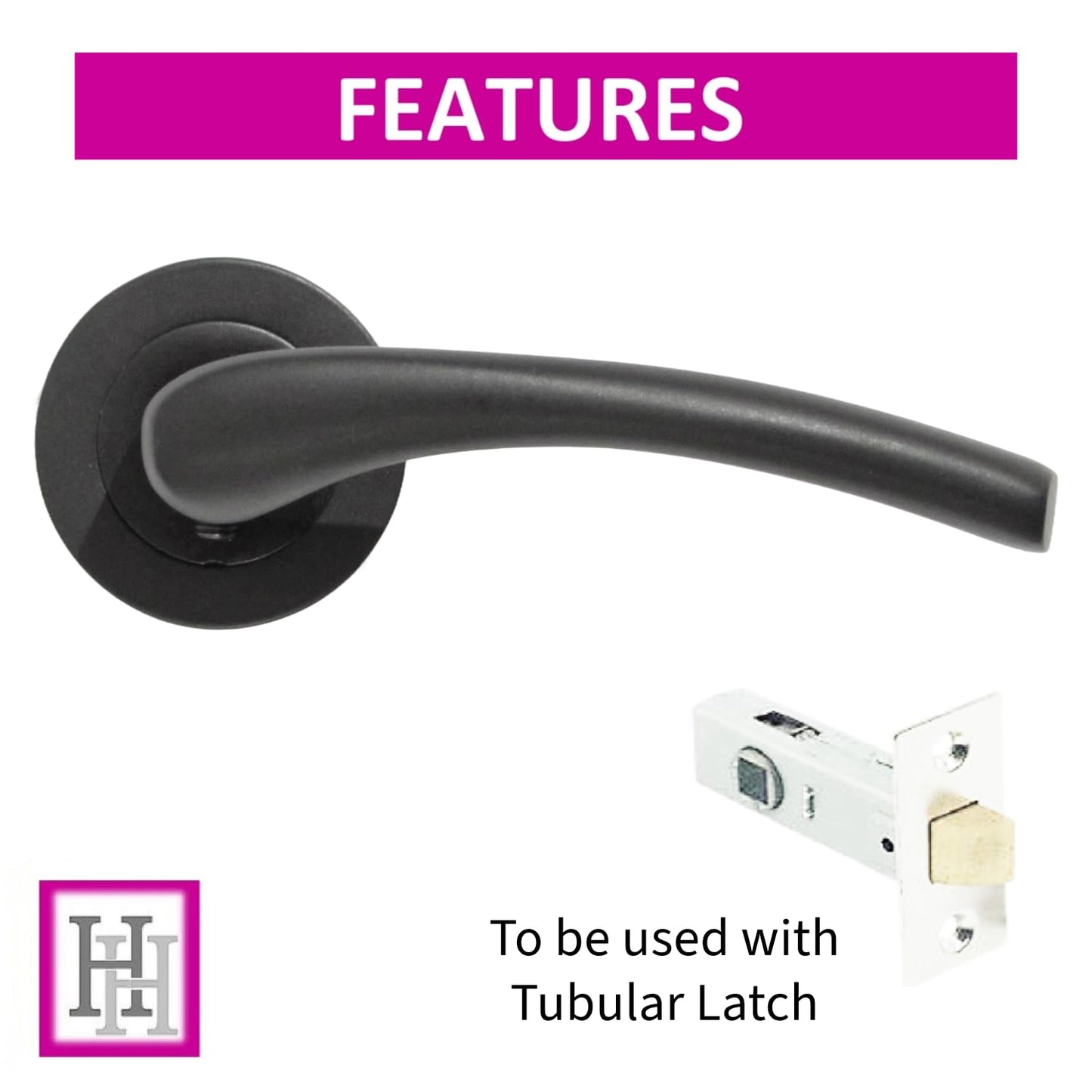Zena Design Modern Matt Black Door Handles Internal & External Use - Lever Latch Handle with Black Nickel Rose, 6 Pairs