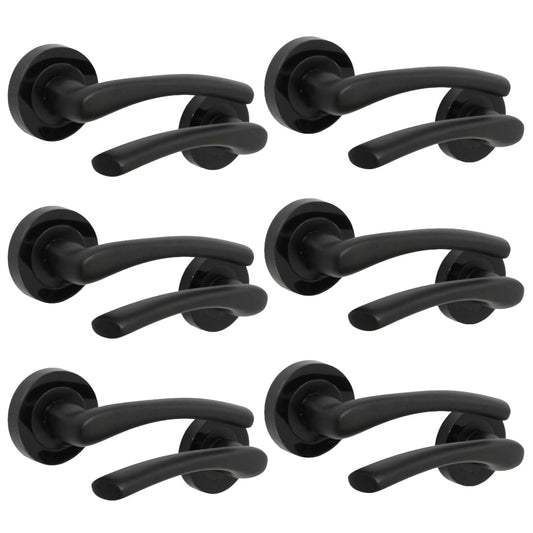 Zena Design Modern Matt Black Door Handles Internal & External Use - Lever Latch Handle with Black Nickel Rose, 6 Pairs