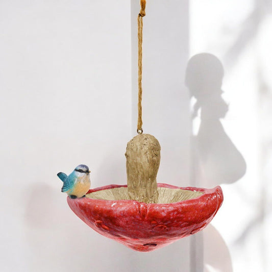 Red Resin Mushroom Bird Feeder with Blue Tit – Charming & Functional Garden Décor