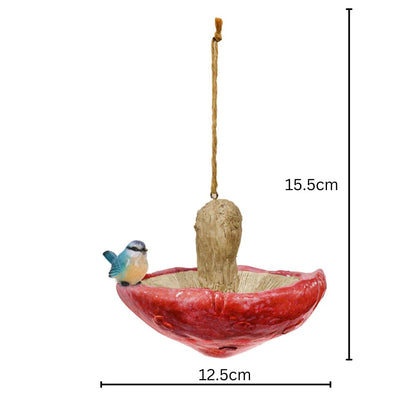 Red Resin Mushroom Bird Feeder with Blue Tit – Charming & Functional Garden Décor