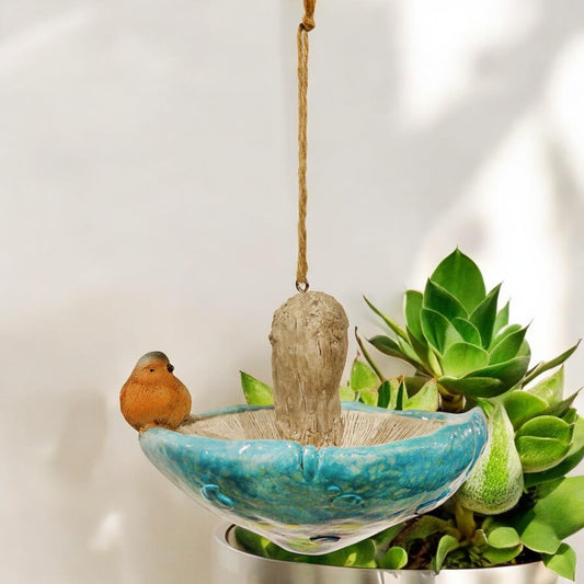 Blue Resin Mushroom Bird Feeder with Robin (15.5cm x 12.5cm x 15cm) – Decorative Hanging or Freestanding Bird Feeder for Garden, Patio & Outdoor Décor – Weather-Resistant Bird Feeding Station