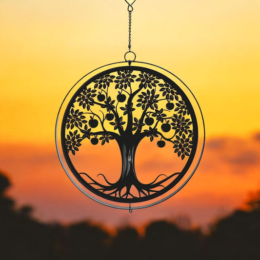 Black Metal Apple Tree Hanging Silhouette Orbit Spinner – 39cm x 23cm | Wind Spinner for Garden, Patio & Home Décor