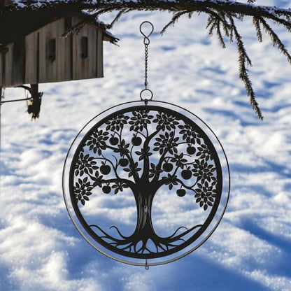 Black Metal Apple Tree Hanging Silhouette Orbit Spinner – 39cm x 23cm | Wind Spinner for Garden, Patio & Home Décor