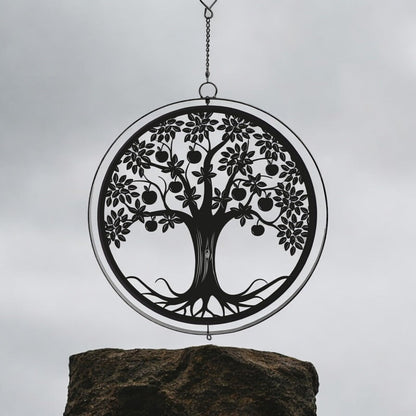 Black Metal Apple Tree Hanging Silhouette Orbit Spinner – 39cm x 23cm | Wind Spinner for Garden, Patio & Home Décor