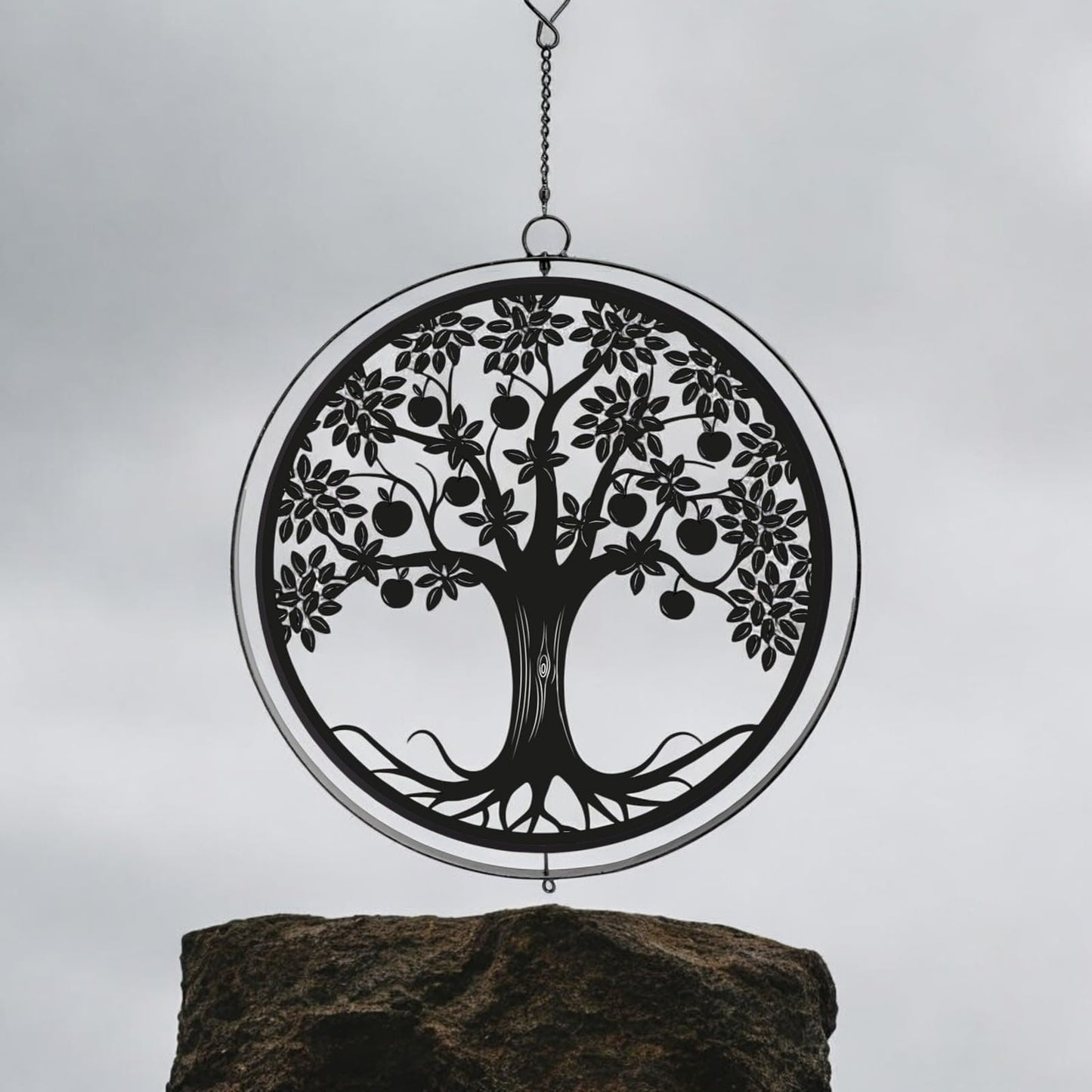 Black Metal Apple Tree Hanging Silhouette Orbit Spinner – 39cm x 23cm | Wind Spinner for Garden, Patio & Home Décor