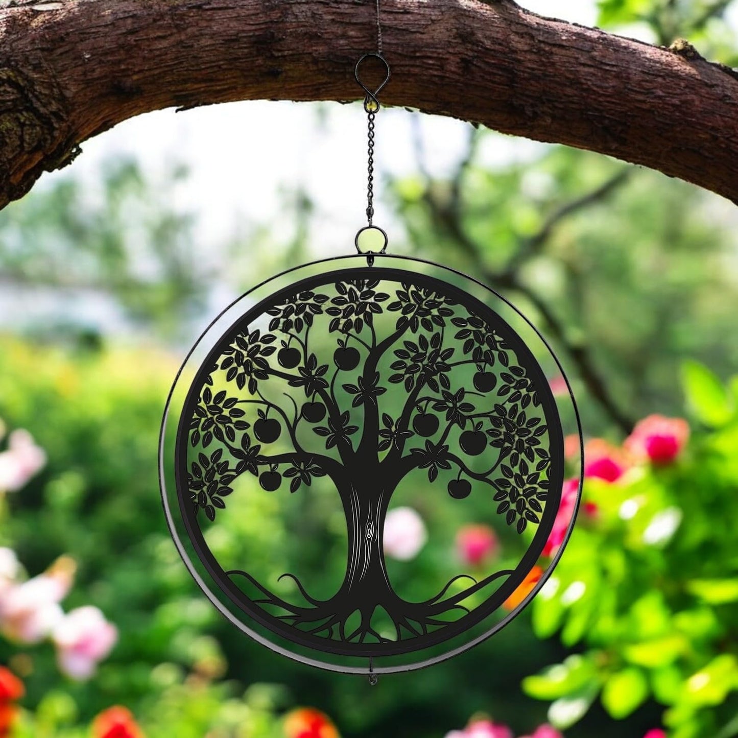 Black Metal Apple Tree Hanging Silhouette Orbit Spinner – 39cm x 23cm | Wind Spinner for Garden, Patio & Home Décor