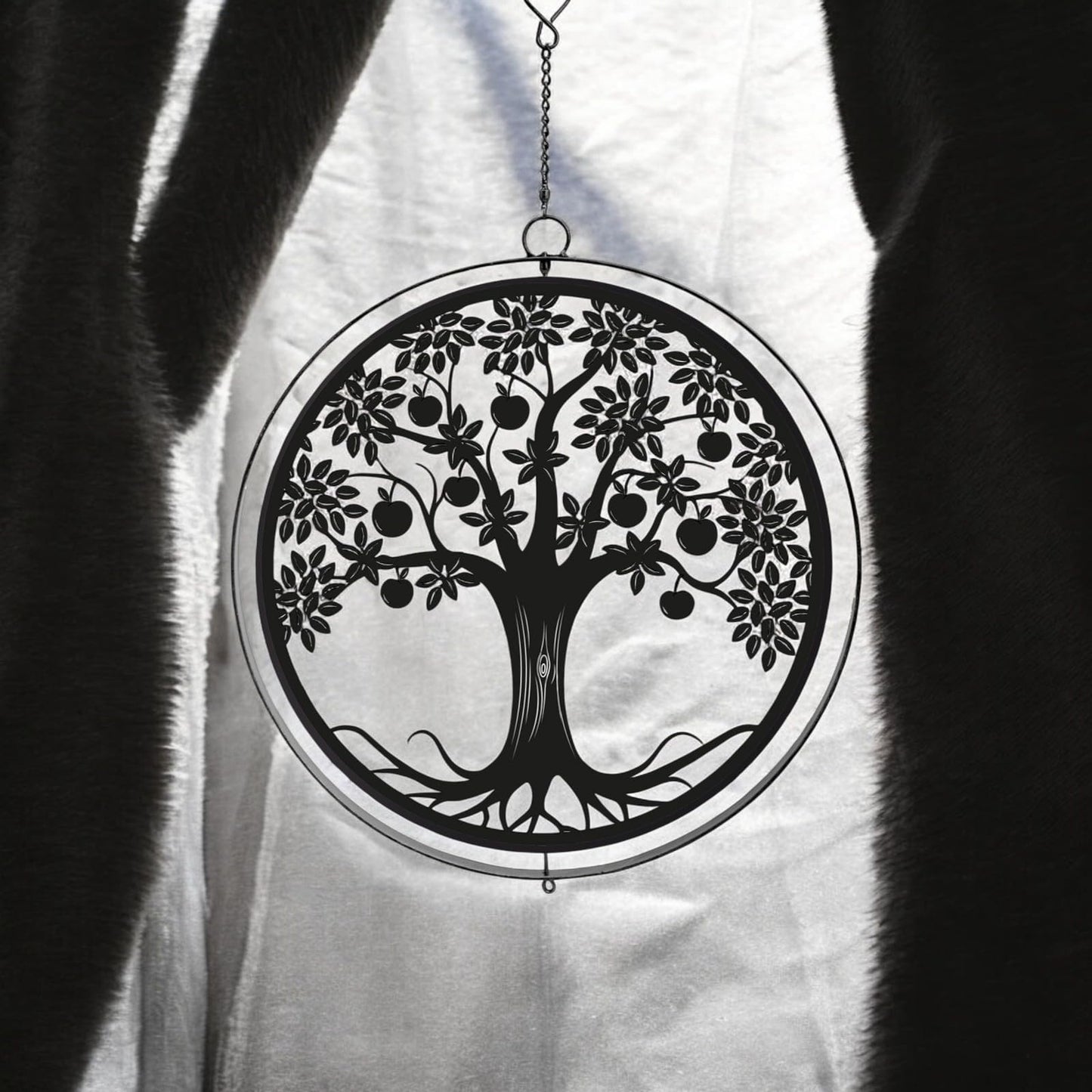 Black Metal Apple Tree Hanging Silhouette Orbit Spinner – 39cm x 23cm | Wind Spinner for Garden, Patio & Home Décor