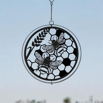 Black Metal Honey Bees Hanging Silhouette Orbit Spinner – 39cm x 23cm | Outdoor & Indoor Wind Spinner for Garden, Patio & Home Décor