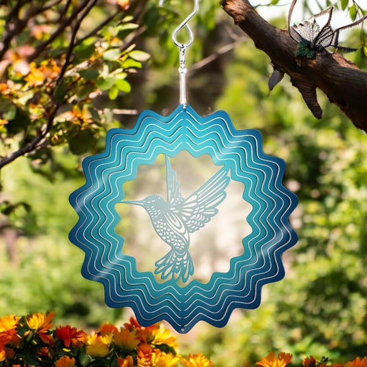 Blue Hummingbird Stainless Steel Hanging Wind Spinner – 34cm x 25cm | 3D Kinetic Metal Wind Sculpture for Garden & Home Décor