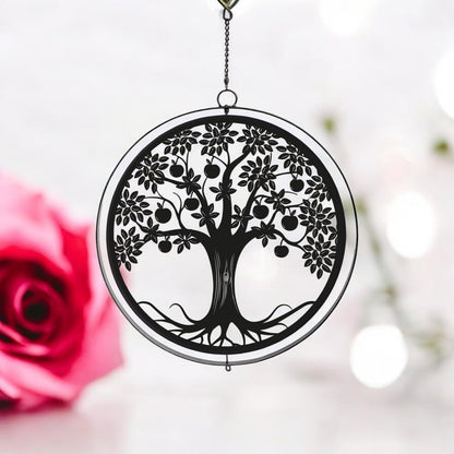 Black Metal Apple Tree Hanging Silhouette Orbit Spinner – 39cm x 23cm | Wind Spinner for Garden, Patio & Home Décor