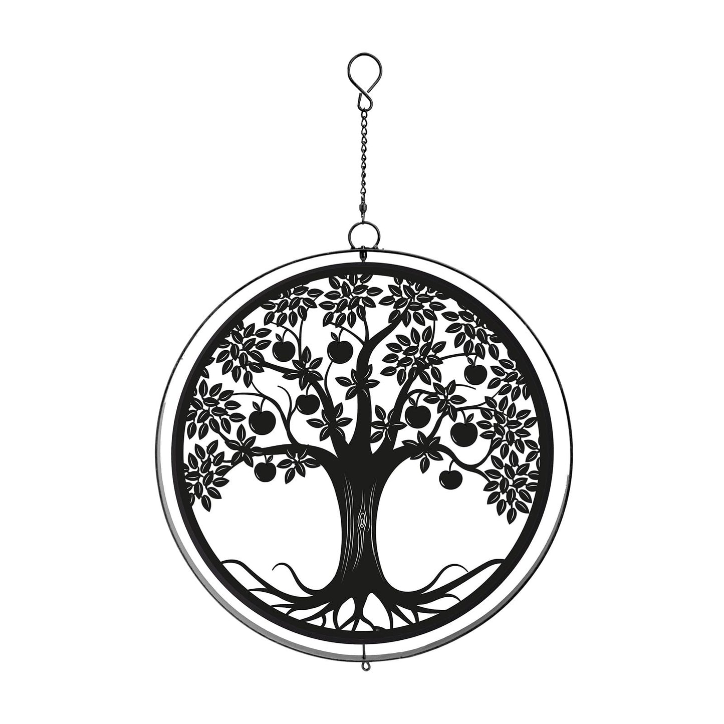 Black Metal Apple Tree Hanging Silhouette Orbit Spinner – 39cm x 23cm | Wind Spinner for Garden, Patio & Home Décor