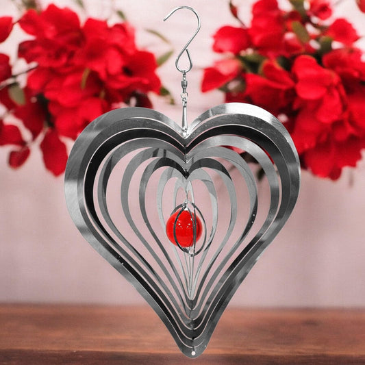 Love Heart Stainless Steel Hanging Wind Spinner – 34cm x 25cm | 3D Kinetic Metal Wind Sculpture & Outdoor Garden Ornament
