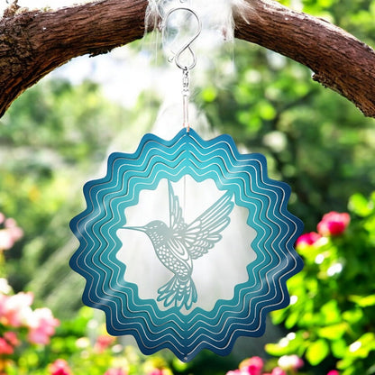 Blue Hummingbird Stainless Steel Hanging Wind Spinner – 34cm x 25cm | 3D Kinetic Metal Wind Sculpture for Garden & Home Décor