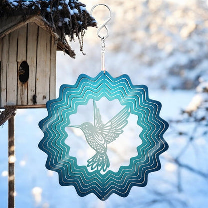 Blue Hummingbird Stainless Steel Hanging Wind Spinner – 34cm x 25cm | 3D Kinetic Metal Wind Sculpture for Garden & Home Décor