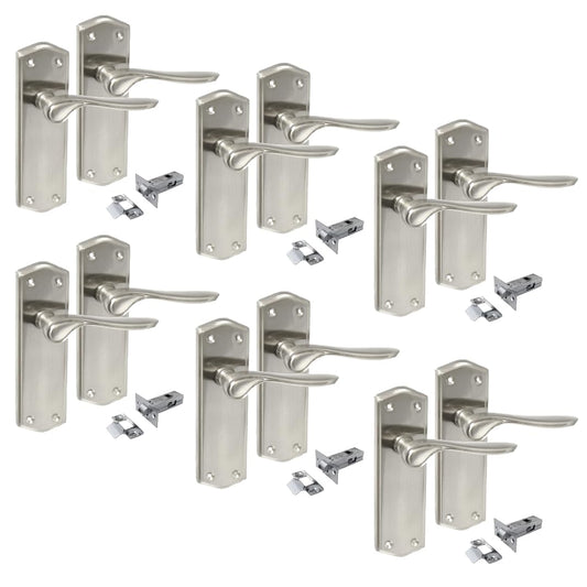 Satin Nickel Internal Door Handles with Long Back Plate - Stellar Design (6 Pair of Handles + Tubular Latch)