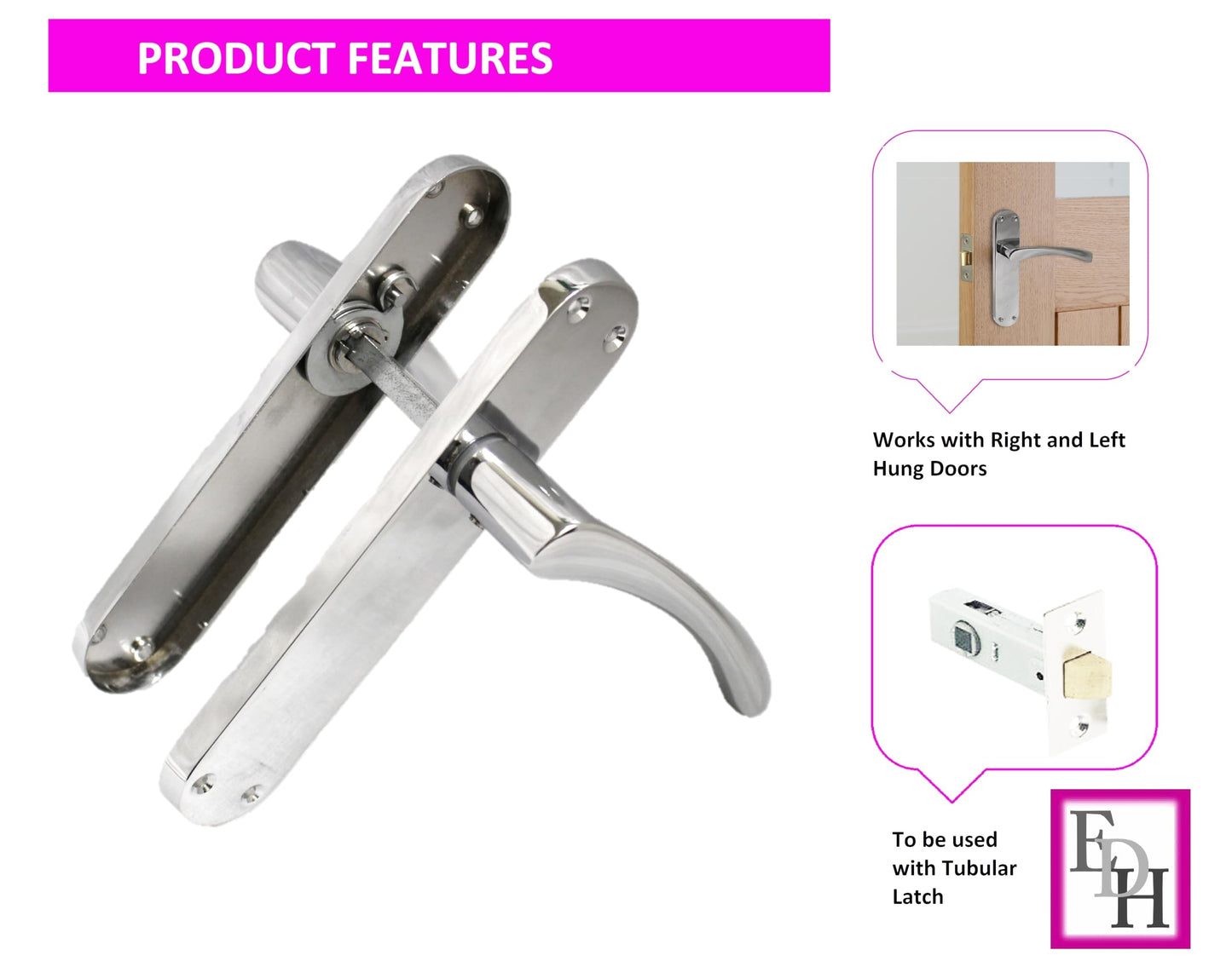 Polished Chrome Twist Door Handle Set,Interior Latch Lever on Long Back Plate with Tubular Latch (4 Pair of Handles + Tubular Latch)