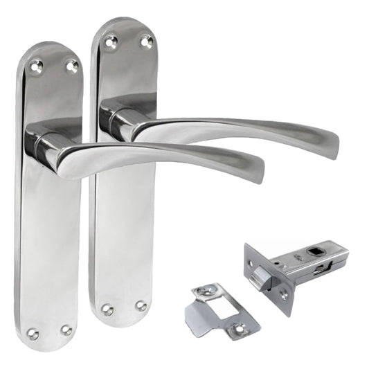 Polished Chrome Twist Door Handle Set,Interior Latch Lever on Long Back Plate with Tubular Latch (4 Pair of Handles + Tubular Latch)
