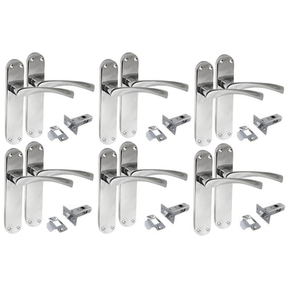 Polished Chrome Twist Door Handle Set,Interior Latch Lever on Long Back Plate with Tubular Latch (6 Pair of Handles + Tubular Latch)