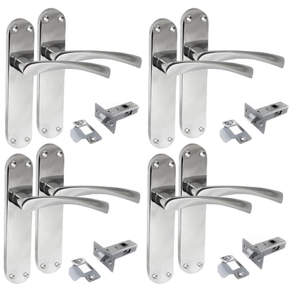 Polished Chrome Twist Door Handle Set,Interior Latch Lever on Long Back Plate with Tubular Latch (4 Pair of Handles + Tubular Latch)