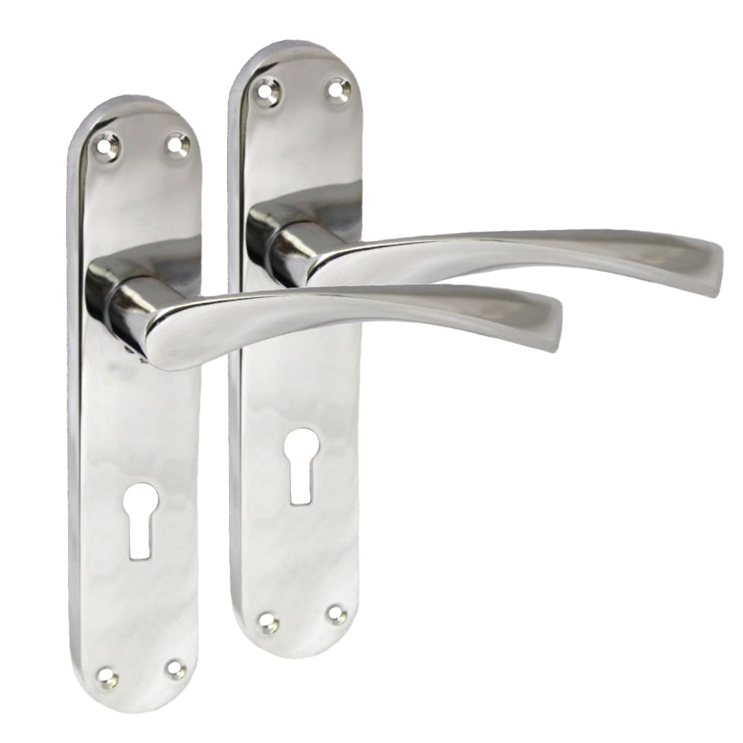 Epsom Door Handle Internal Polished Chrome Twist Door Handle Set, Interior Lock Lever on Long Back Plate, Door Handle Latch, Privacy Lockable Handle for Bathroom, Bedroom, Front Door